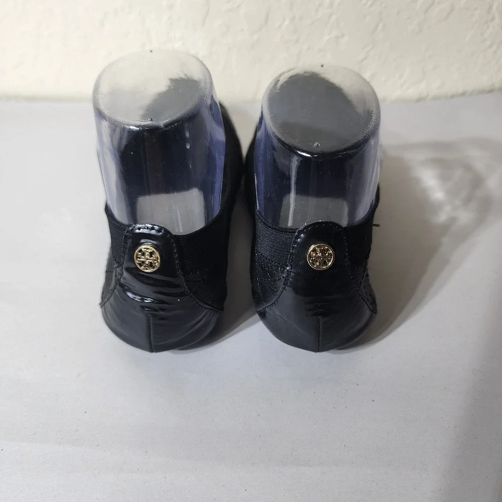 Tory Burch Black Quilted Leather‎ Patent Cap Toe Ballet Flats Gold Logo 6.5M